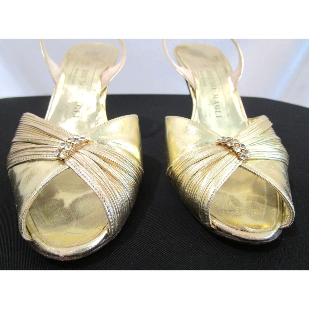 Vintage Bruno Magli Italy Gold Leather Rhinestone Slingback Heels, Women 6.5 B - Picture 6 of 11